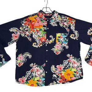 Lauren Ralph Lauren Long Roll-Up Sleeve Button Up Shirt Women M Navy Blue Floral